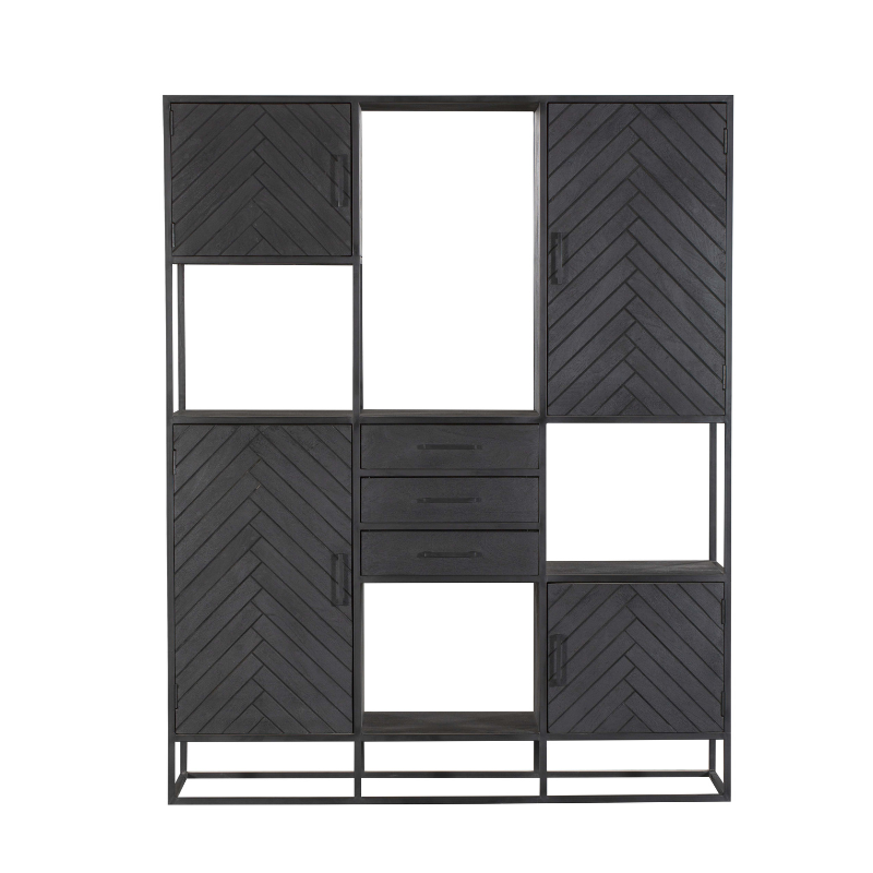 Bookshelf – Sandblasted Mango Wood, Herringbone Pattern, Black Lacquer Finish & Metal Frame – New York | Starfurn