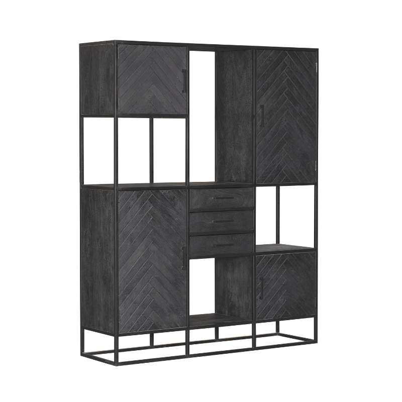 Bookshelf – Sandblasted Mango Wood, Herringbone Pattern, Black Lacquer Finish & Metal Frame – New York | Starfurn