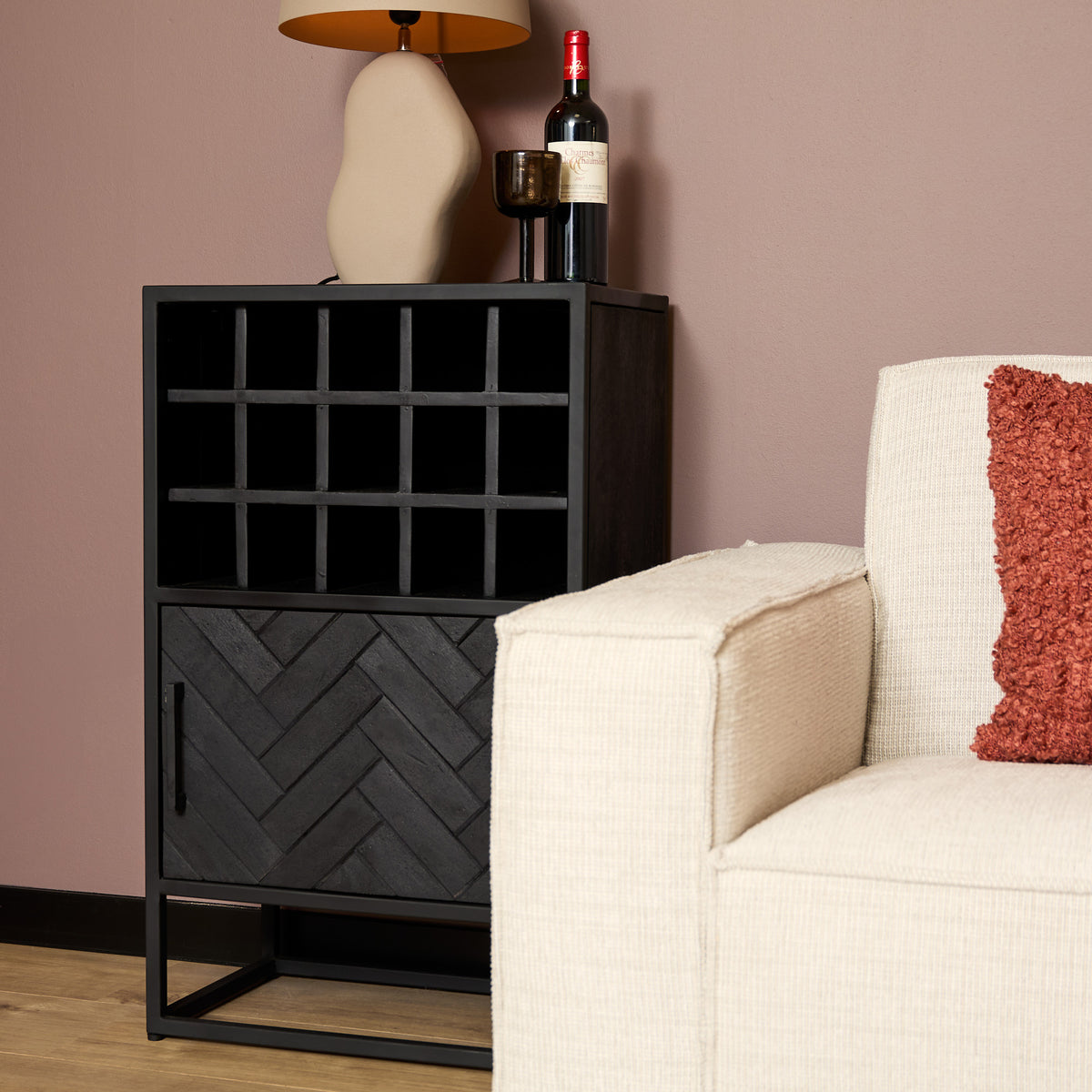 Wine Cabinet – Black Mango Wood, Herringbone Pattern, Black Metal – New York | Starfurn