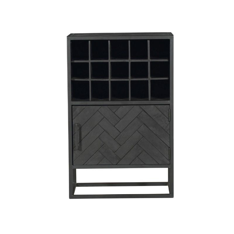 Wine Cabinet – Black Mango Wood, Herringbone Pattern, Black Metal – New York | Starfurn