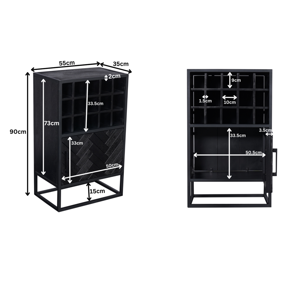 Wine Cabinet – Black Mango Wood, Herringbone Pattern, Black Metal – New York | Starfurn