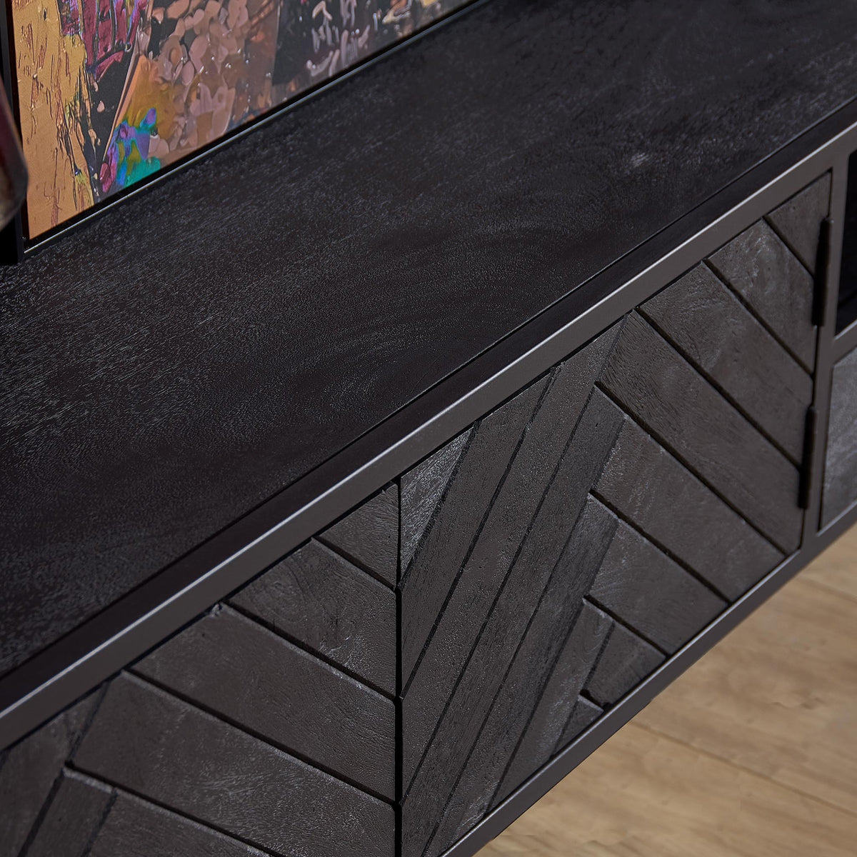 TV-Möbel - Mangoholz Schwarz, Fischgrätmuster, Offenes Fach, 160 cm – New York | Starfurn