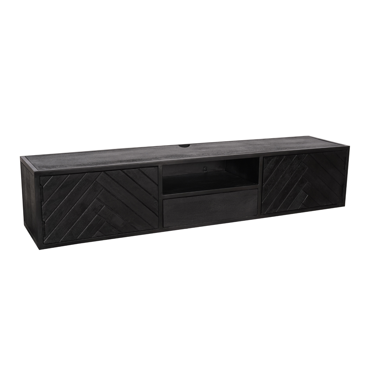 TV-Möbel - Mangoholz Schwarz, Fischgrätmuster, Offenes Fach, 160 cm – New York | Starfurn