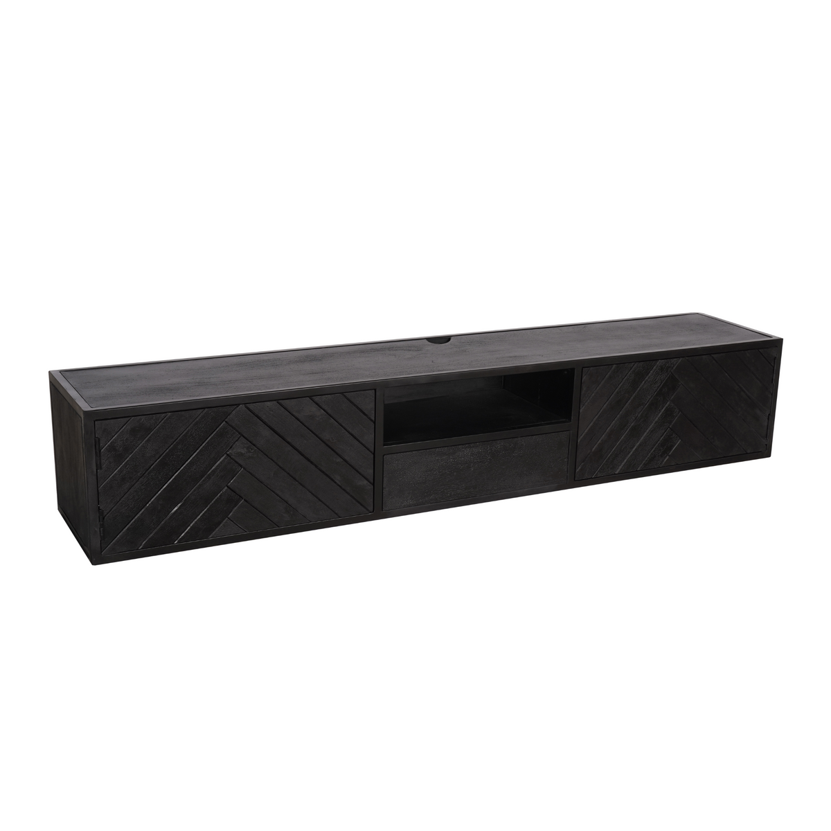 TV-Möbel - Mangoholz Schwarz, Fischgrätmuster, Offenes Fach, 180 cm – New York | Starfurn