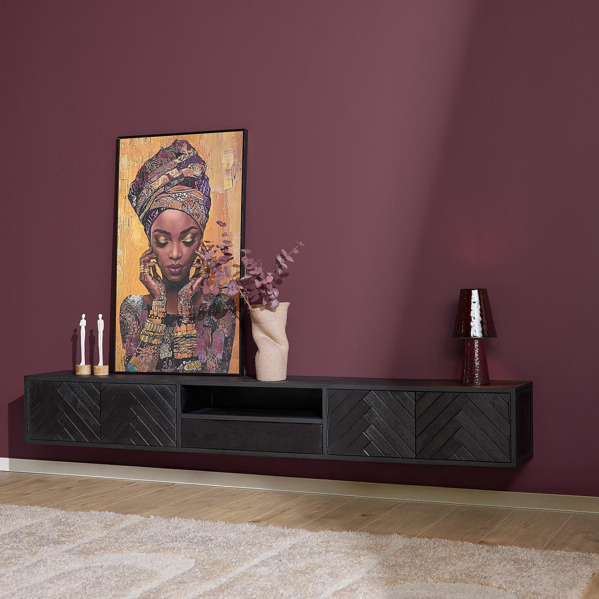 Floating TV Unit - Mango Wood, Sandblasted Look, Herringbone Pattern - New York | Starfurn