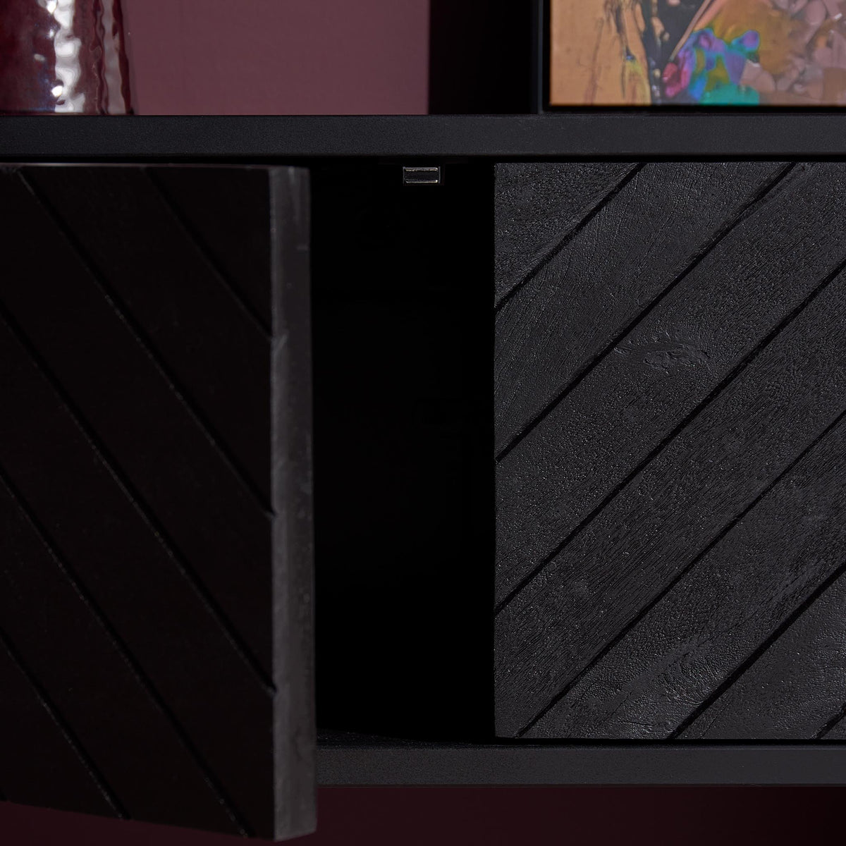 Floating TV Unit - Mango Wood, Sandblasted Look, Herringbone Pattern - New York | Starfurn