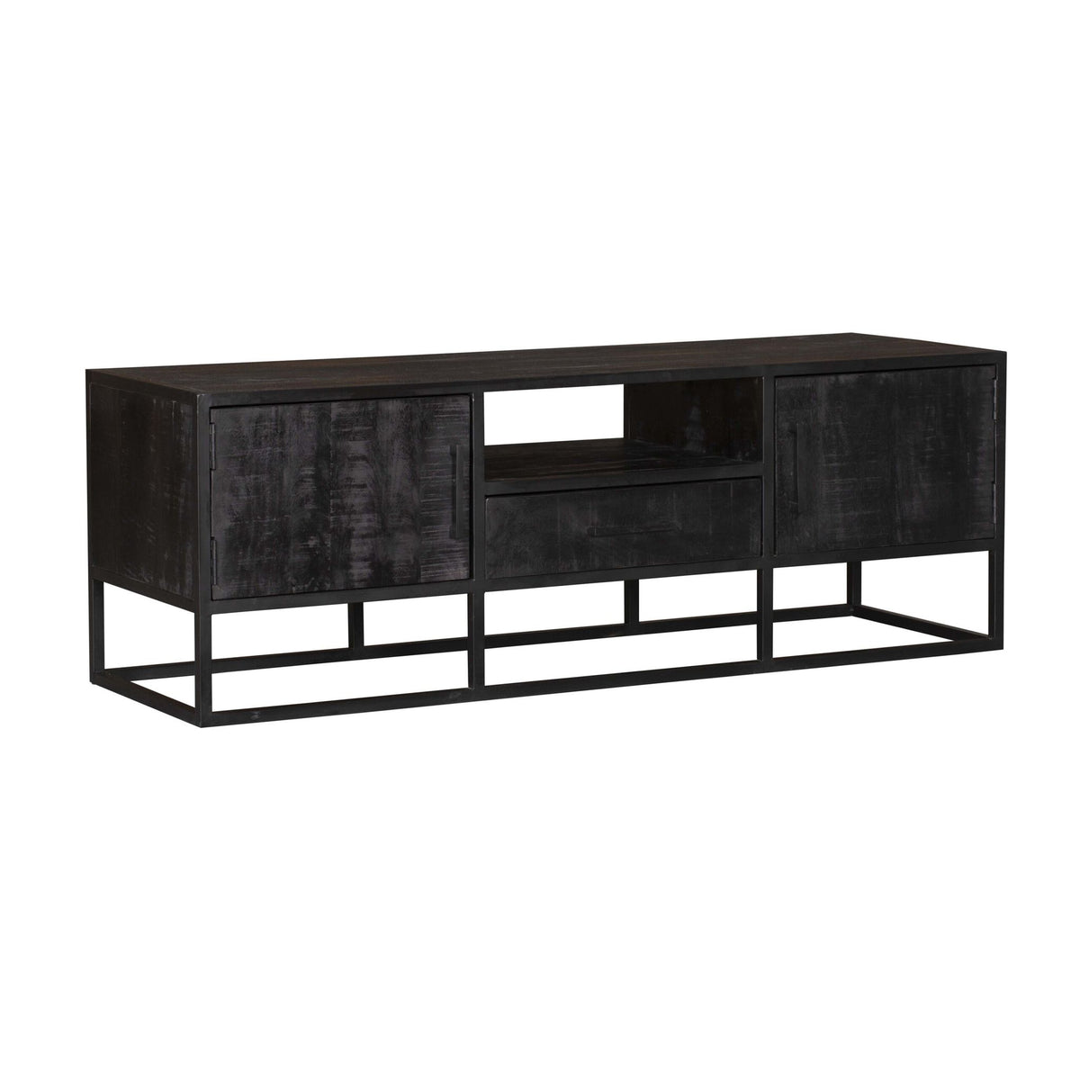TV-Möbel – Schwarzes Mangoholz, Schwarzes Metallgestell, Offenes Fach, 145 cm – Denver | Starfurn