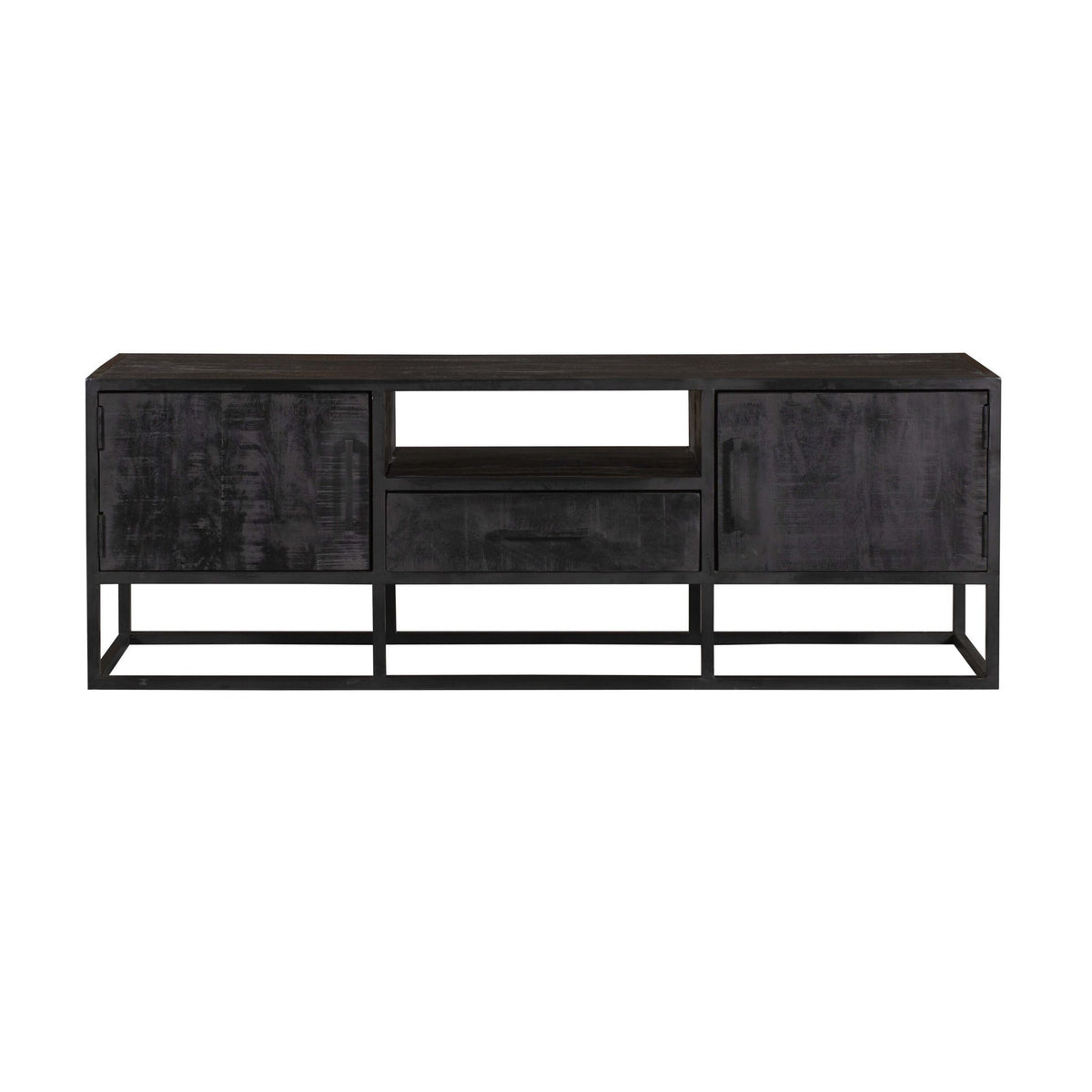 TV-Möbel – Schwarzes Mangoholz, Schwarzes Metallgestell, Offenes Fach, 145 cm – Denver | Starfurn