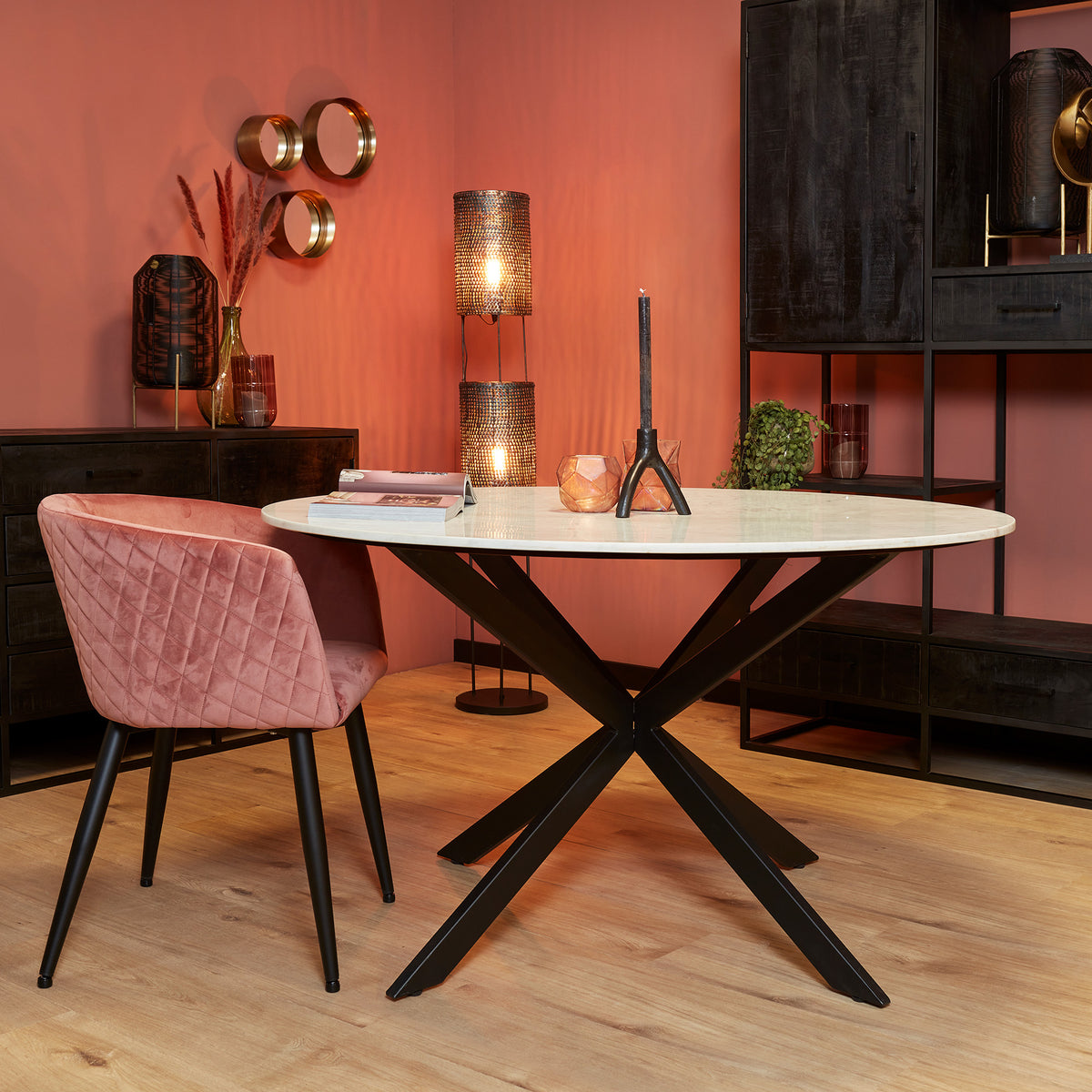 Dining Table – Marble Top, Black Metal, Matrix Frame – Lynn | Starfurn