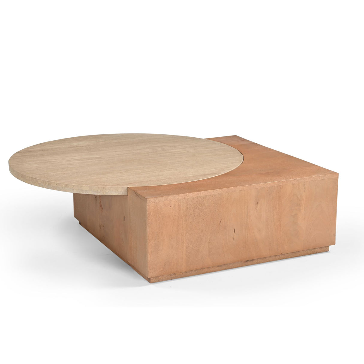 Couchtisch – Mangoholz Basis, Travertin Platte, Runde Form – Numa | Starfurn