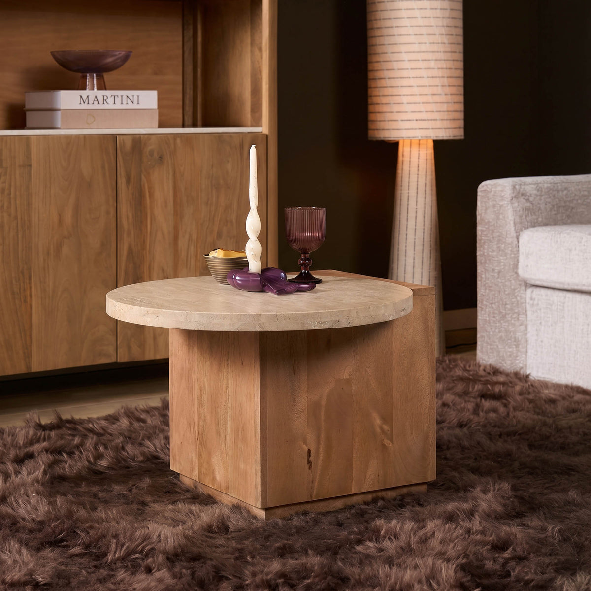 Beistelltisch – Travertin Naturstein Platte, Massives Mangoholz, Organisches Design - Numa | Starfurn