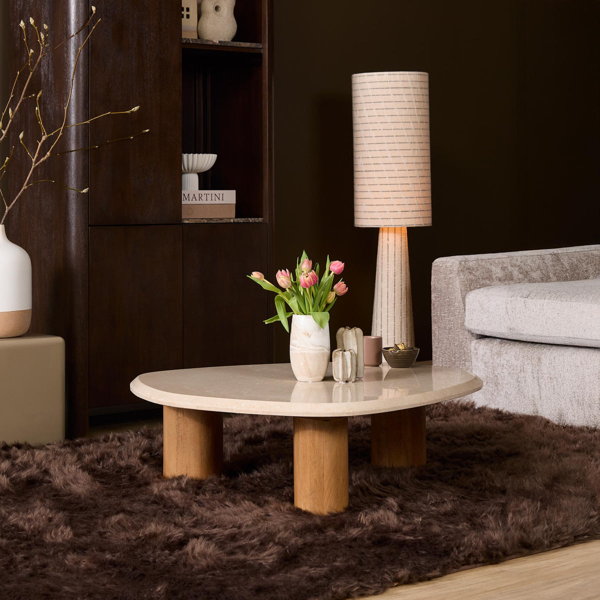 Coffee Table - Botticino Marble, Organic Shape, Solid Wood Legs - Nuvé | Starfurn