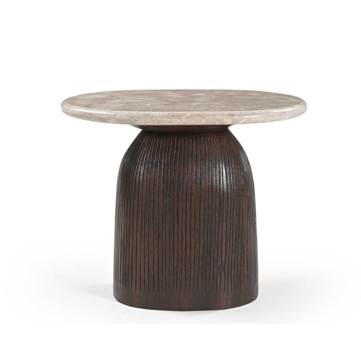 Side table made of mango wood with marble top, oval table shape and fluted wooden base - Noel | Starfurn