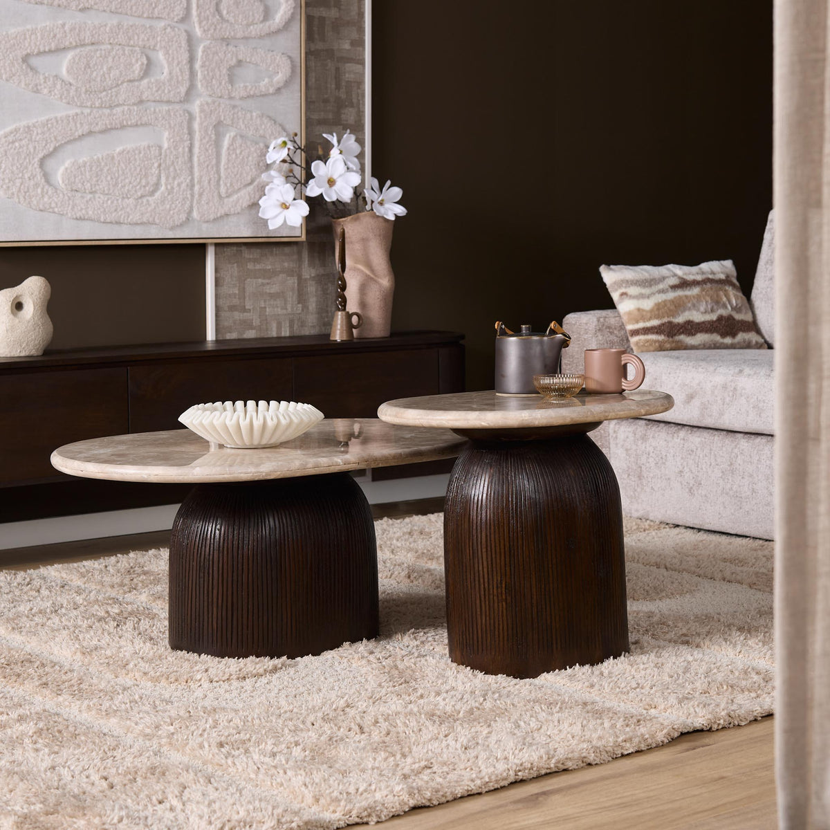 Coffee Table – Marble Top, Mango Wood, Grooved Structure – Noel | Starfurn