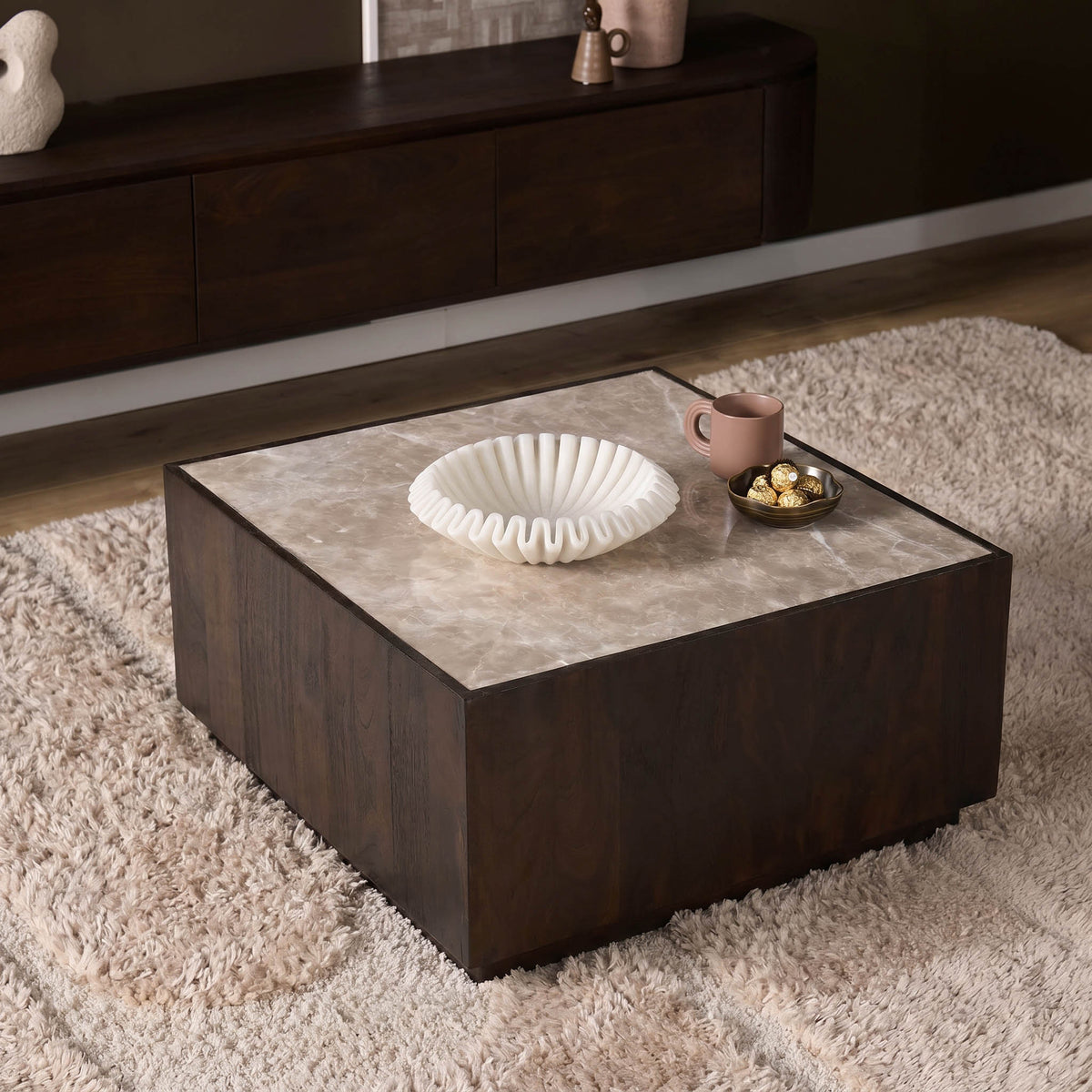Coffee Table – Modern Design, Brown Tones, Marble and Mango Wood – Moos | Starfurn