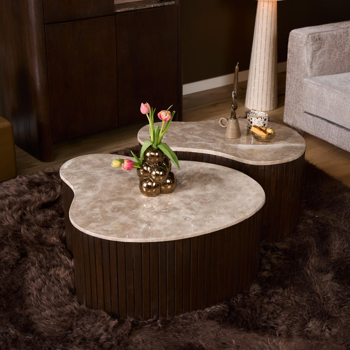 Coffee table - marble top, mango wood, slatted frame - Nomi | Starfurn