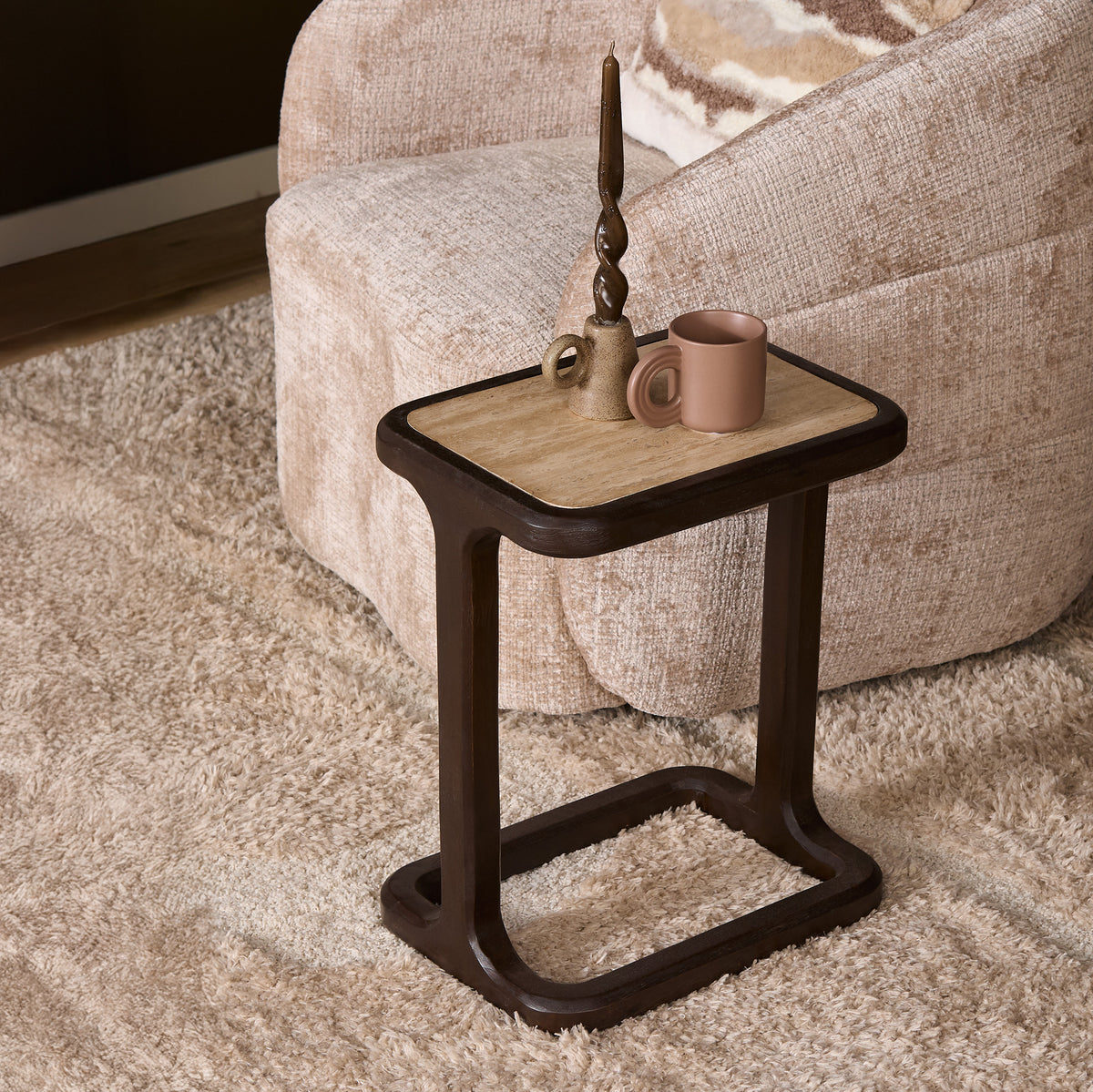 Side Table – Modern Design, Brown Tone, Mango Wood and Travertine – Arvid | Starfurn