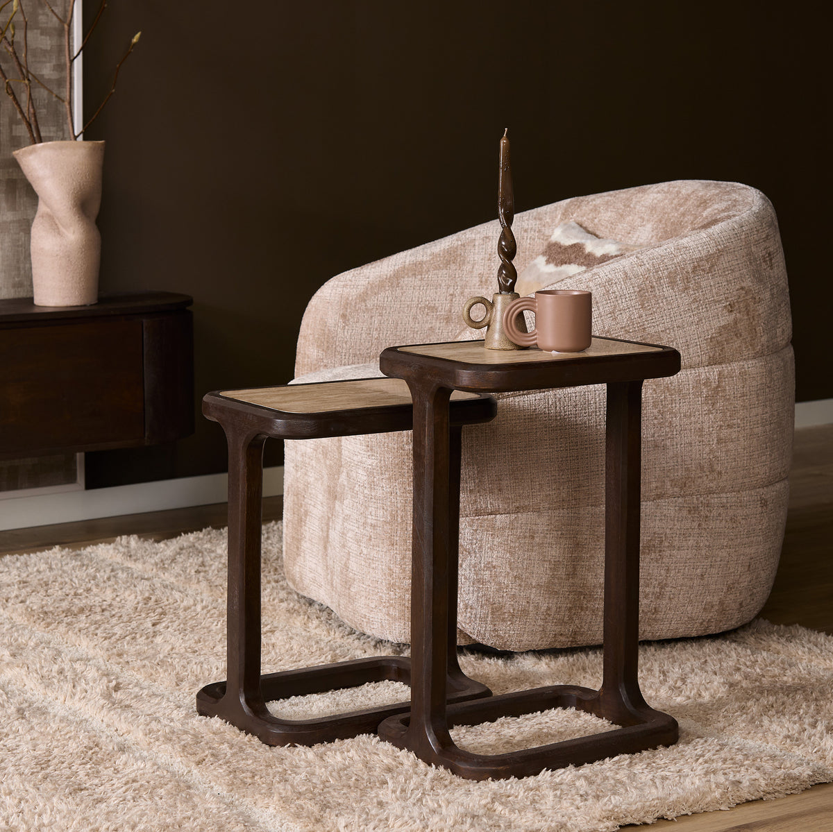 Side Table – Modern Design, Brown Tone, Mango Wood and Travertine – Arvid | Starfurn