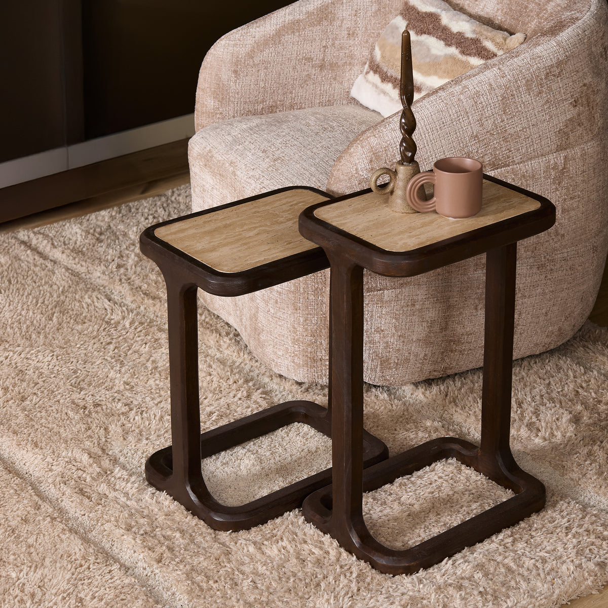 Side Table – Modern Design, Brown Tone, Mango Wood and Travertine – Arvid | Starfurn