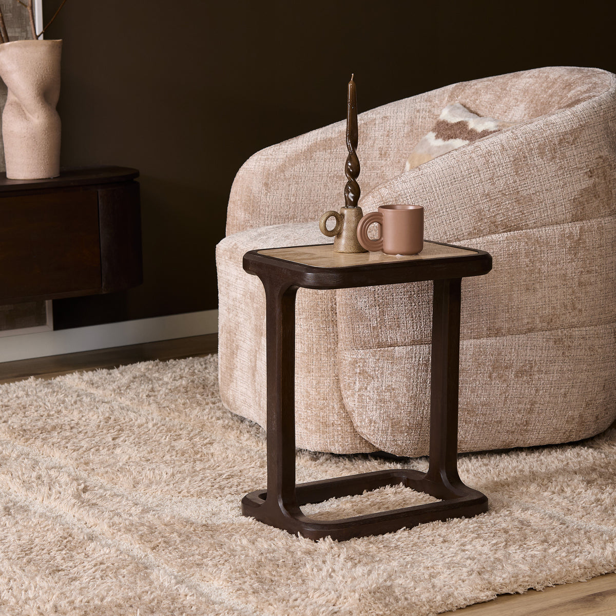 Side Table – Modern Design, Brown Tone, Mango Wood and Travertine – Arvid | Starfurn