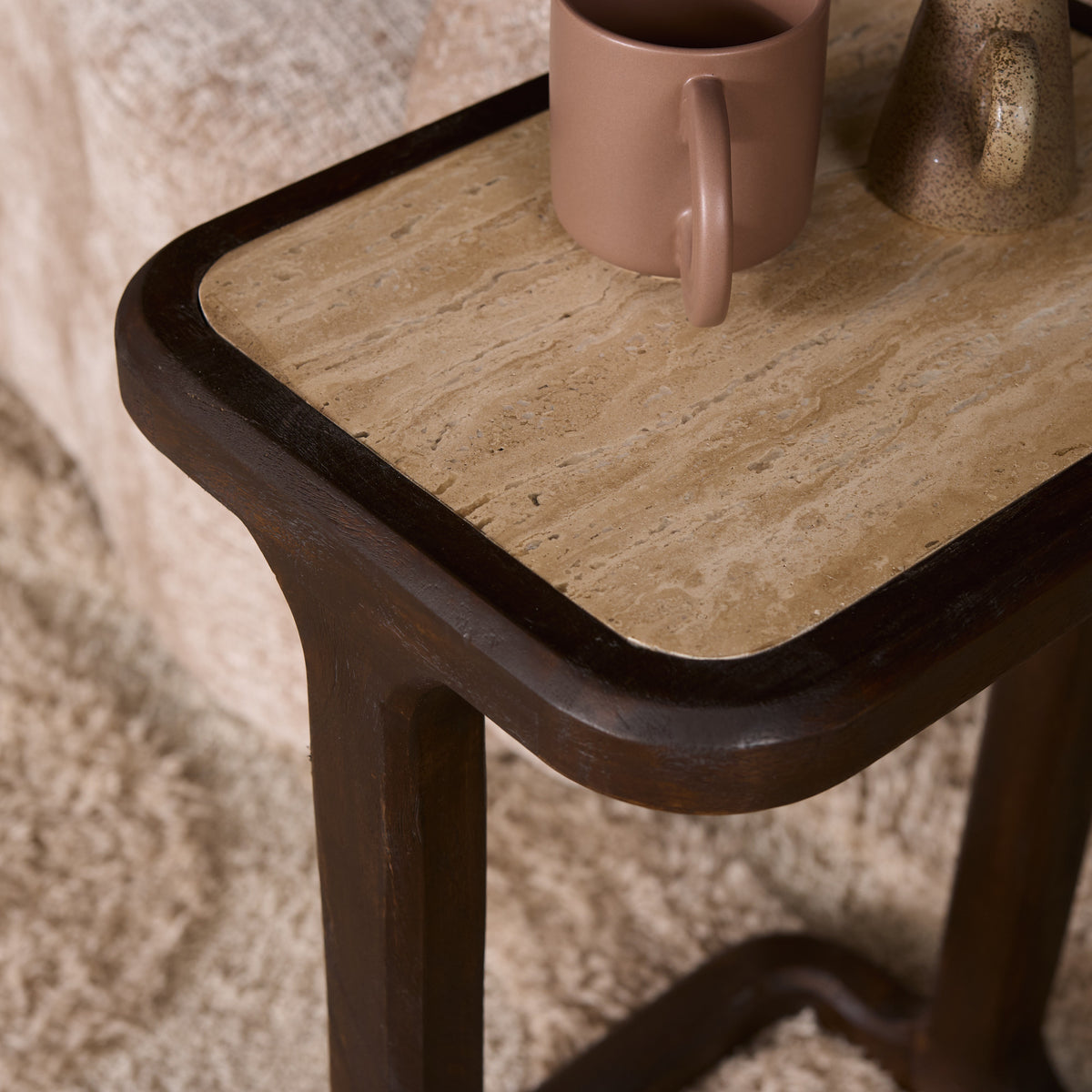 Side Table – Modern Design, Brown Tone, Mango Wood and Travertine – Arvid | Starfurn