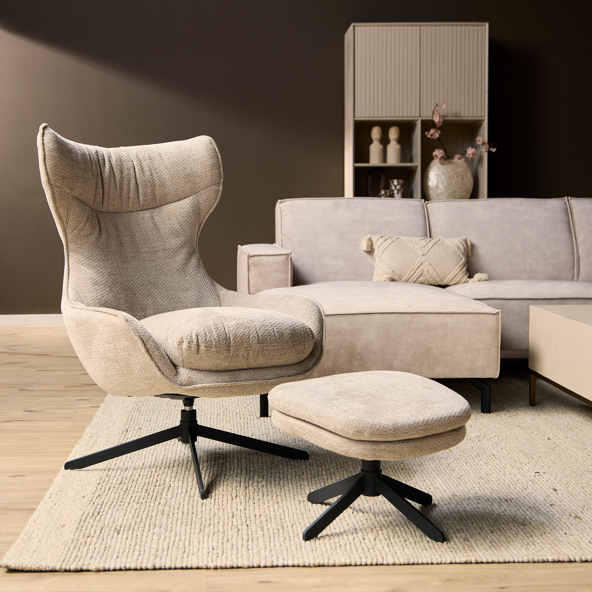 Armchair – Taupe Upholstery, Swivel Function, Matching Footstool – Olivia | Starfurn