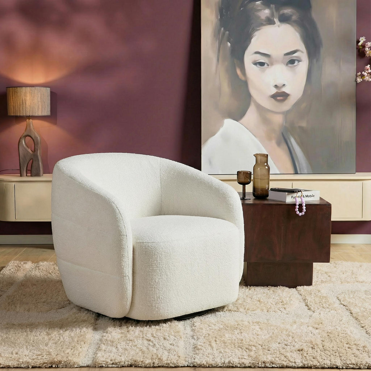 Armchair – Off-white upholstery, swivel function, rounded shapes – Yara | Starfurn