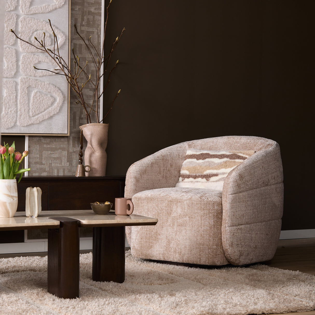 Sessel – Beigebezug, Drehfunktion, Rundformen - Yara | Starfurn