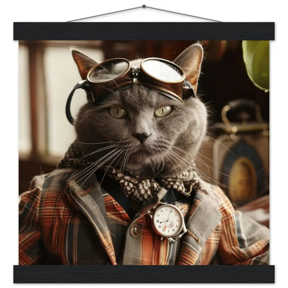 Schulposter - Chartreux-Katze-Motiv, mattes FSC-zertifiziertes Papier, Magnet-Holzleisten aus Kiefernholz, magnetische Holzdübel oben & unten | St Tropez Art