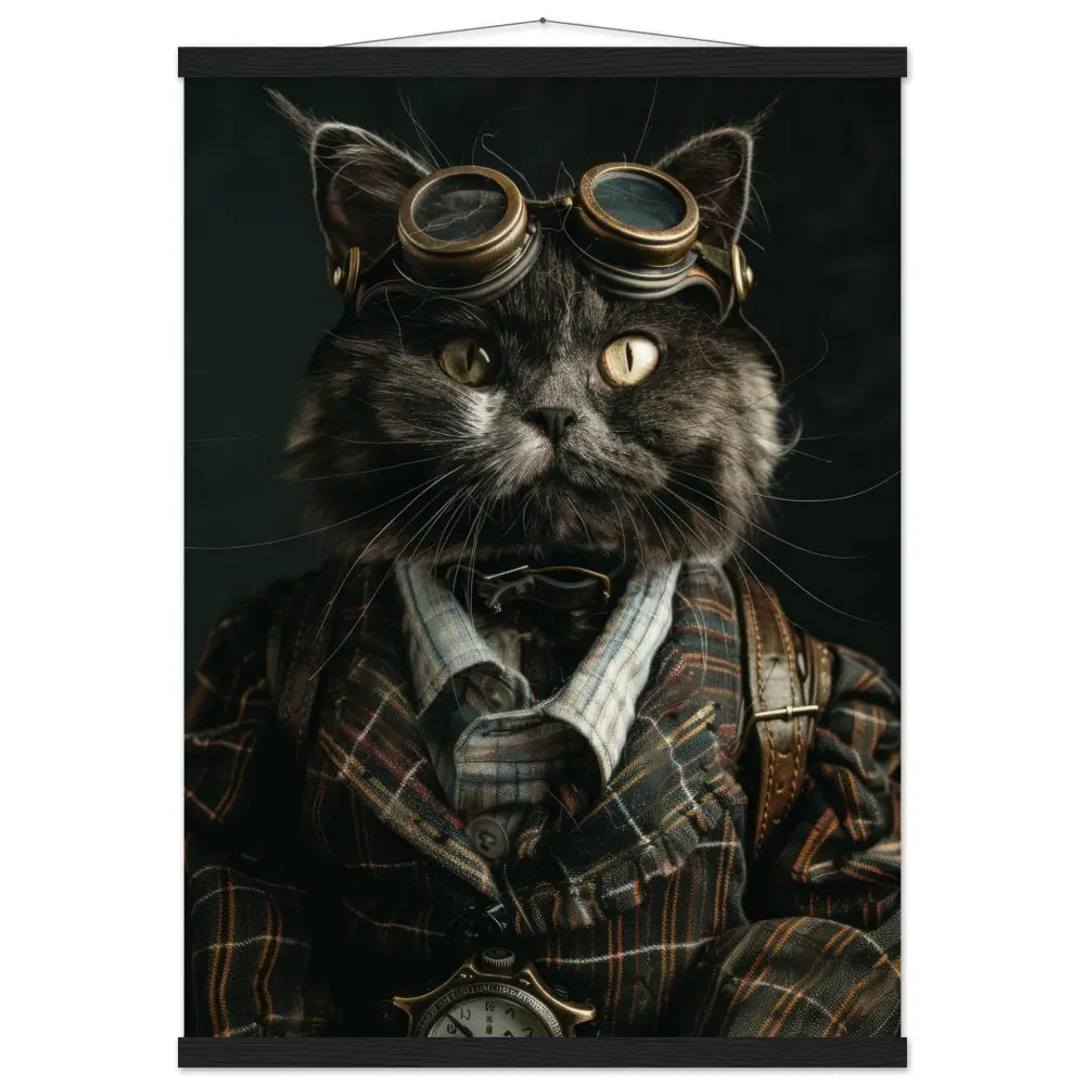 Schulposter - Männlicher Bramble-Kater, Steampunk-Stil, antike bronzefarbene Uhr, goldfarbene Brille | St Tropez Art