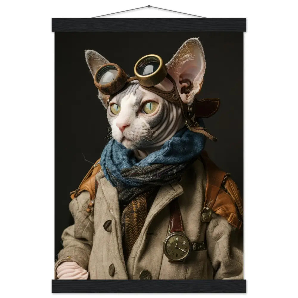 Schulposter - Steampunk-Vintage Cornish-Rex Katzenmotiv, mattes FSC-Papier, magnetische Holzleisten | St Tropez Art