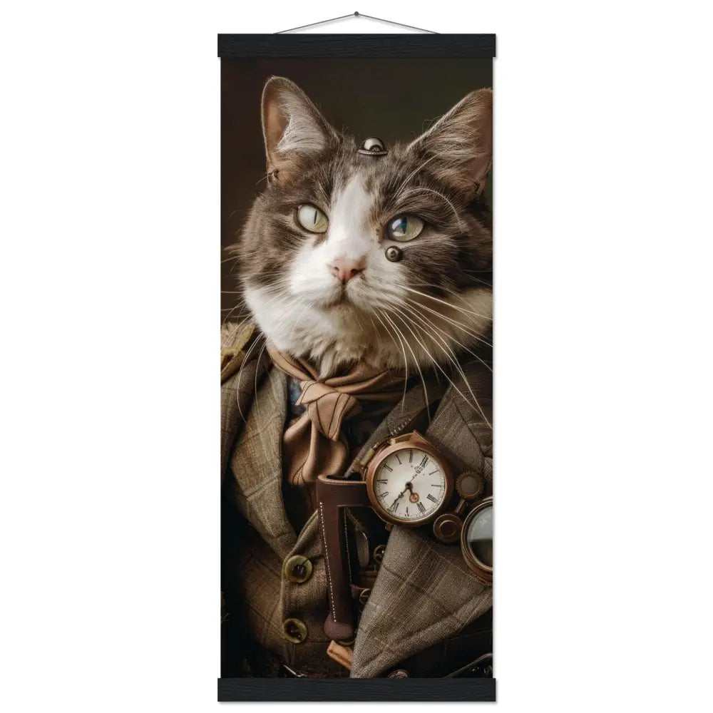 Schulposter Männlicher Manx-Kater, Steampunk-Stil, antike bronzefarbene Uhr, kupferfarbene Brille | St Tropez Art
