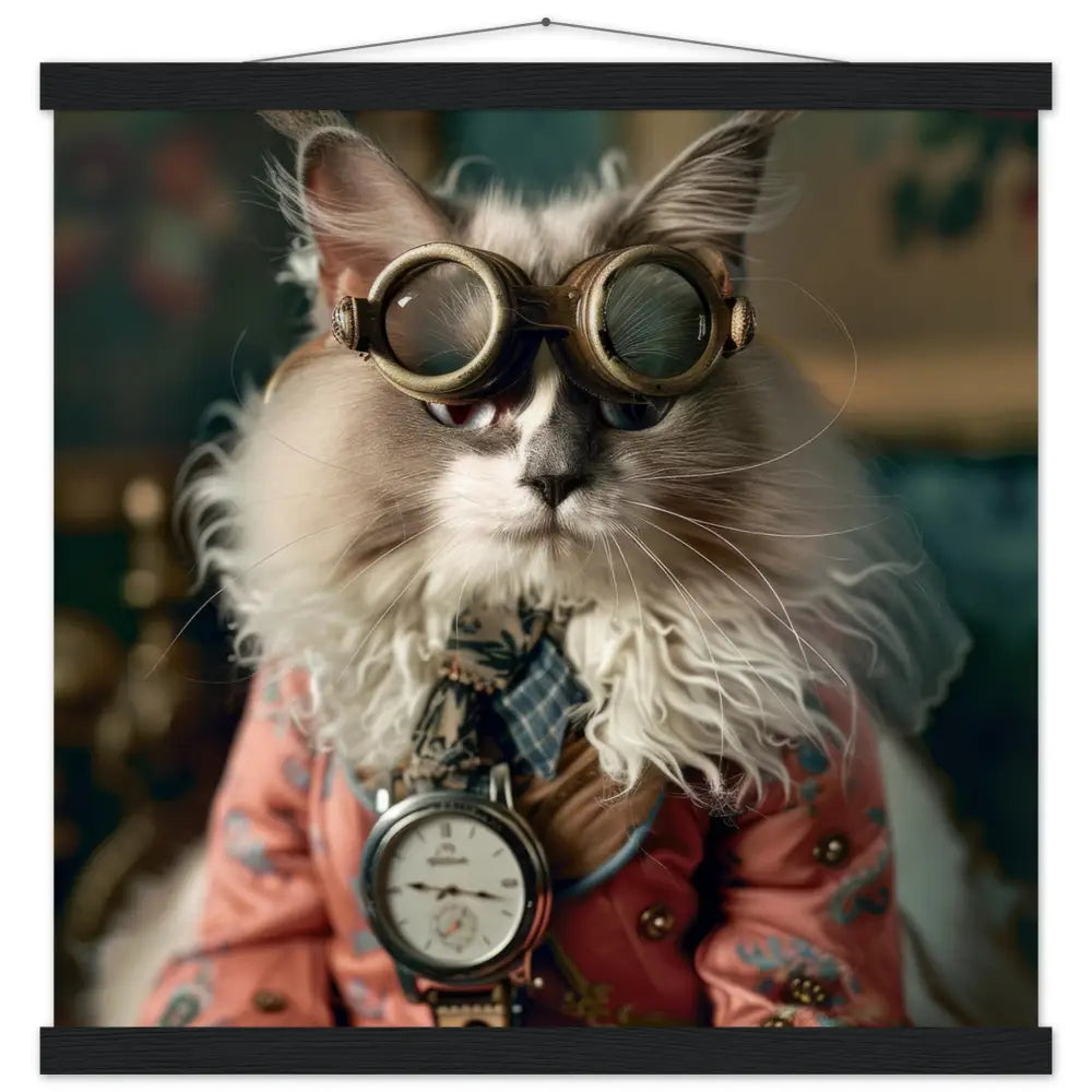School poster - LaPerm cat motif, matte FSC-certified paper, magnetic pine wood strips, magnetic wooden dowels top & bottom | St Tropez Art