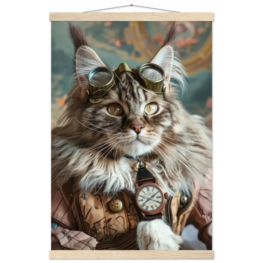 School poster - Maine Coon cat design, matte FSC-certified paper, magnetic pine wood strips, magnetic wooden dowels top & bottom | St Tropez Art