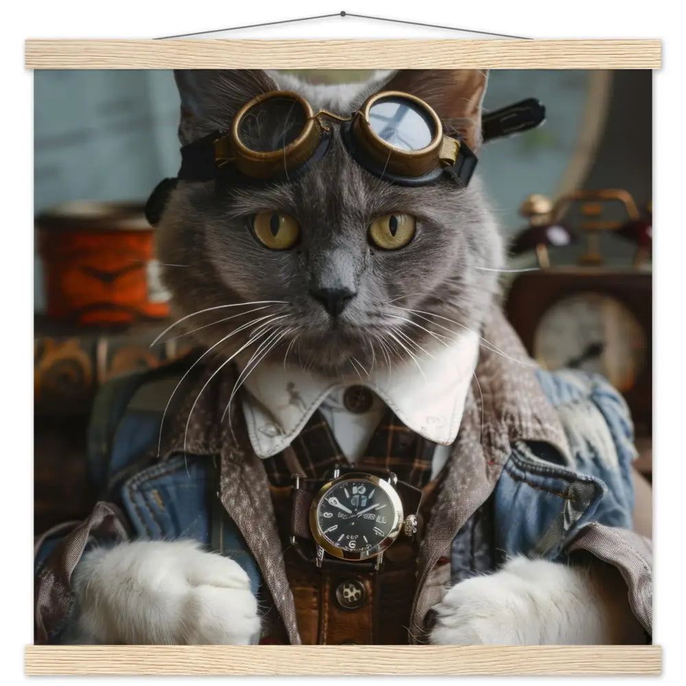 Schulposter Männlicher Chartreux-Kater, Steampunk-Stil, antike silberfarbene Uhr, bronzefarbene Brille | St Tropez Art