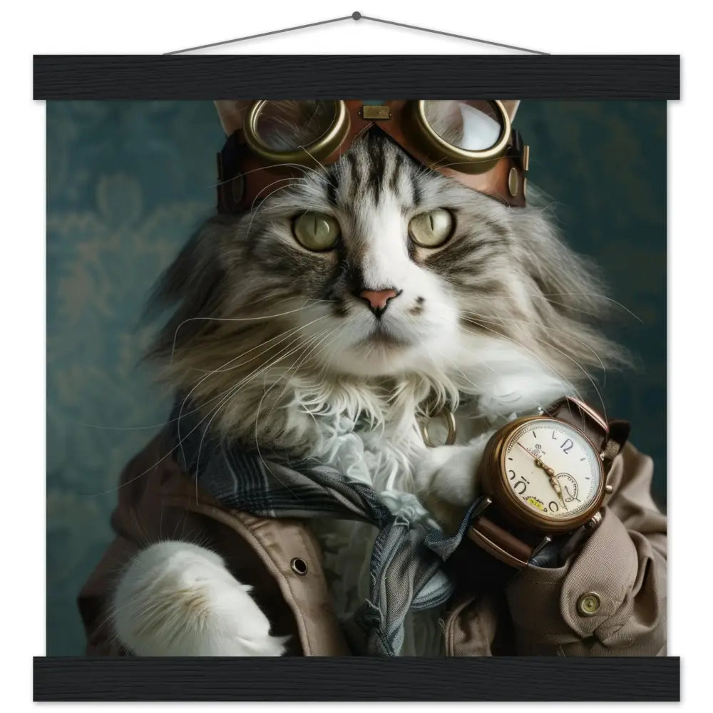 School poster - female Maine Coon cat, steampunk outfit, matte paper, magnetic wooden strips | St Tropez Art
