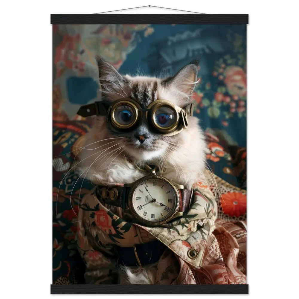 Schoolposter - Balinesische Katze, Steampunk-Outfit, florale Muster, Magnet-Holzleisten | St Tropez Art