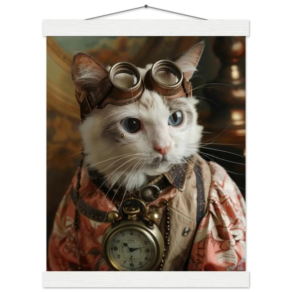 Schulposter - Steampunk-Vintage Javanese Katzenmotiv, mattes FSC-Papier, magnetische Holzleisten | St Tropez Art