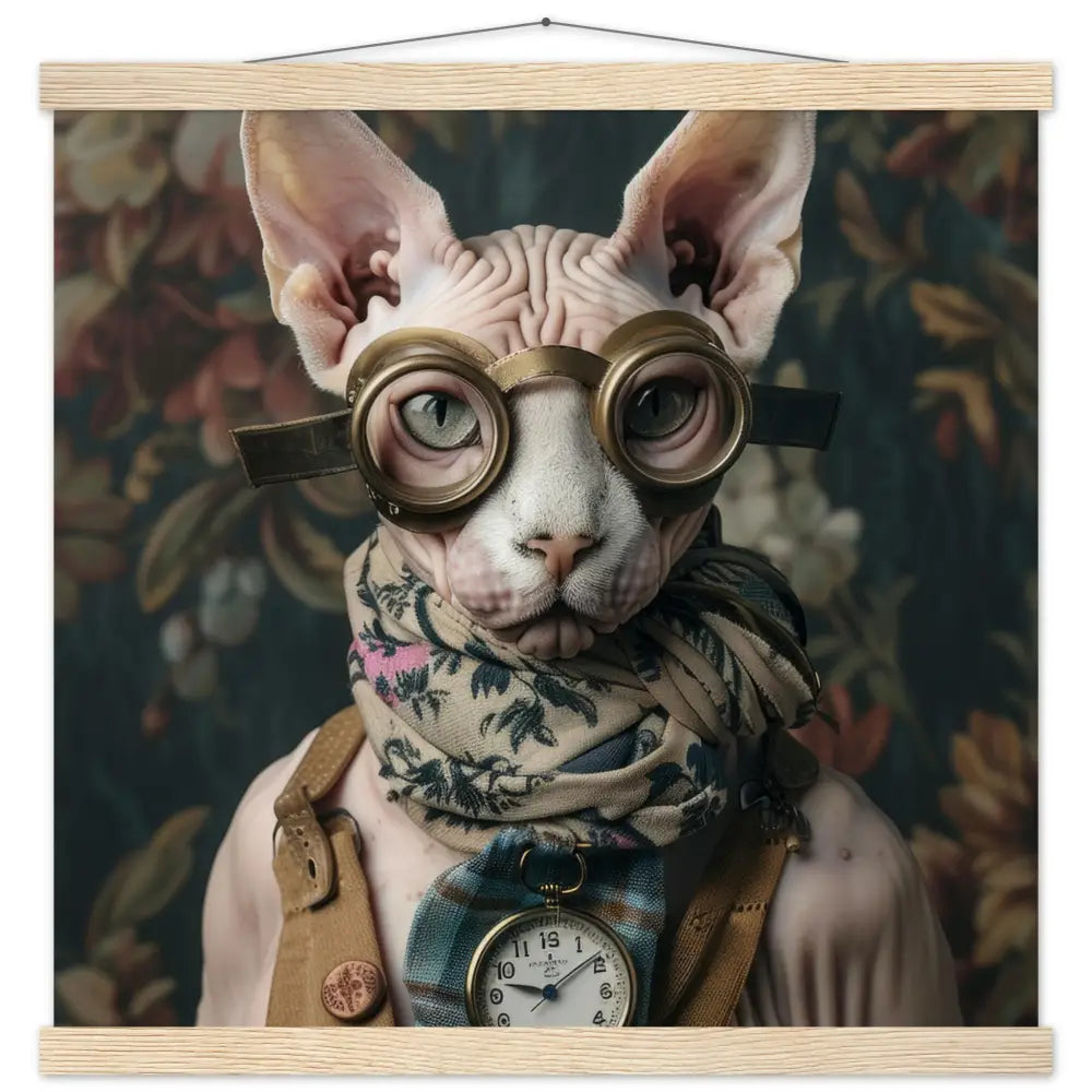 School Poster Female Sphynx Cat, Steampunk Style, silver-colored watch, bronze-colored glasses | St Tropez Art