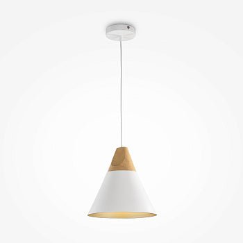 Pendelleuchte mit weißem Metallschirm und Buchenholz - Detail im modernen Design – Bicones | Maytoni - Esszett Luxury | Stilvolles Wohnen mit Charakter