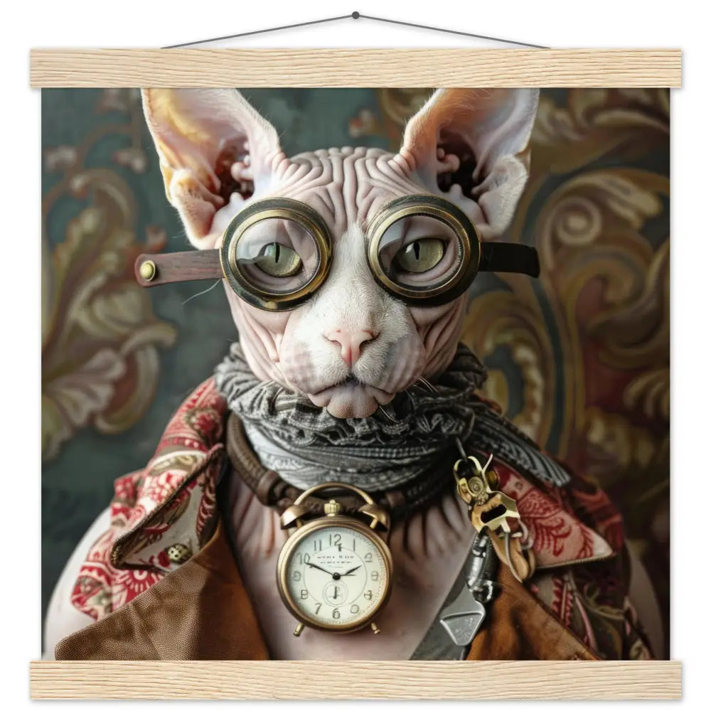 School Poster - Sphynx Cat, Brown Coat, Metallic Accents, Gold Pocket Watch | St Tropez Art