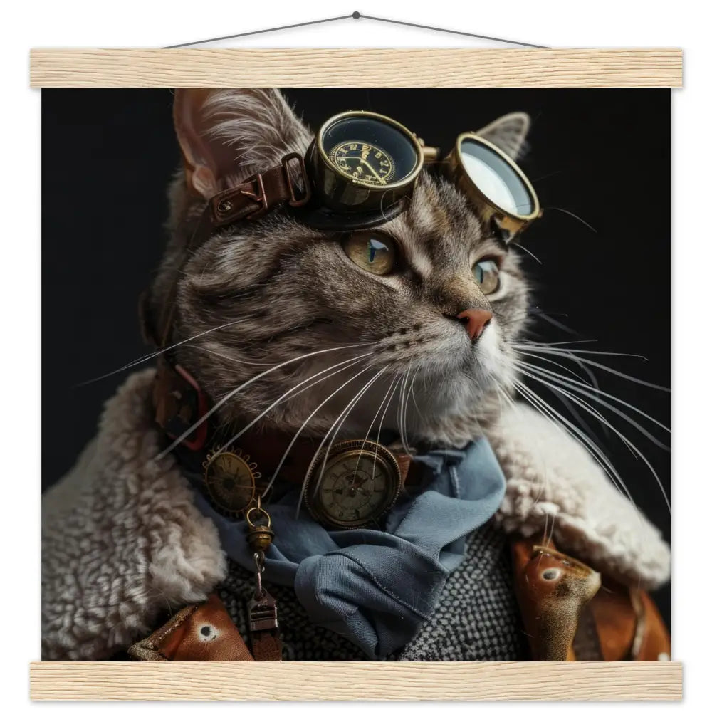 Schulposter Männlicher Ocicat-Kater, Steampunk-Stil, antike goldfarbene Uhr, bronzefarbene Brille | St Tropez Art