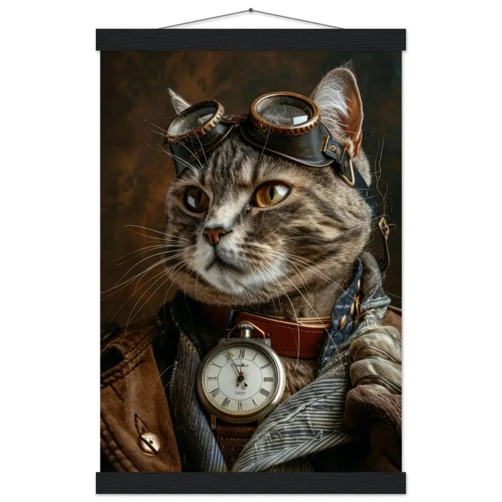School poster - Male Chausie cat, steampunk style, antique silver watch, bronze glasses | St Tropez Art