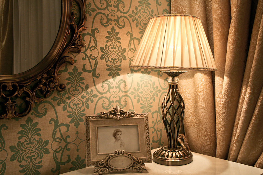 Table lamp metal base, brass finish crystal details & pleated organza shade – Grace | Maytoni