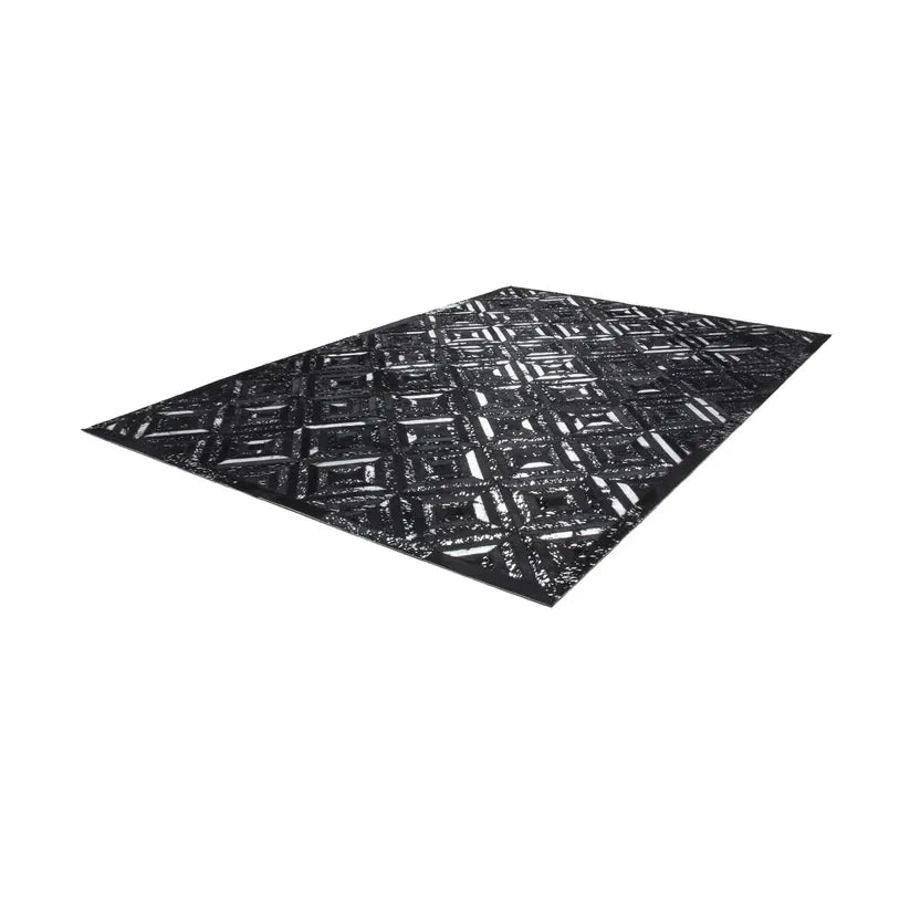 Carpet with metallic appliqués & geometric diamond pattern made of genuine leather - Spark 410 | Kayoom