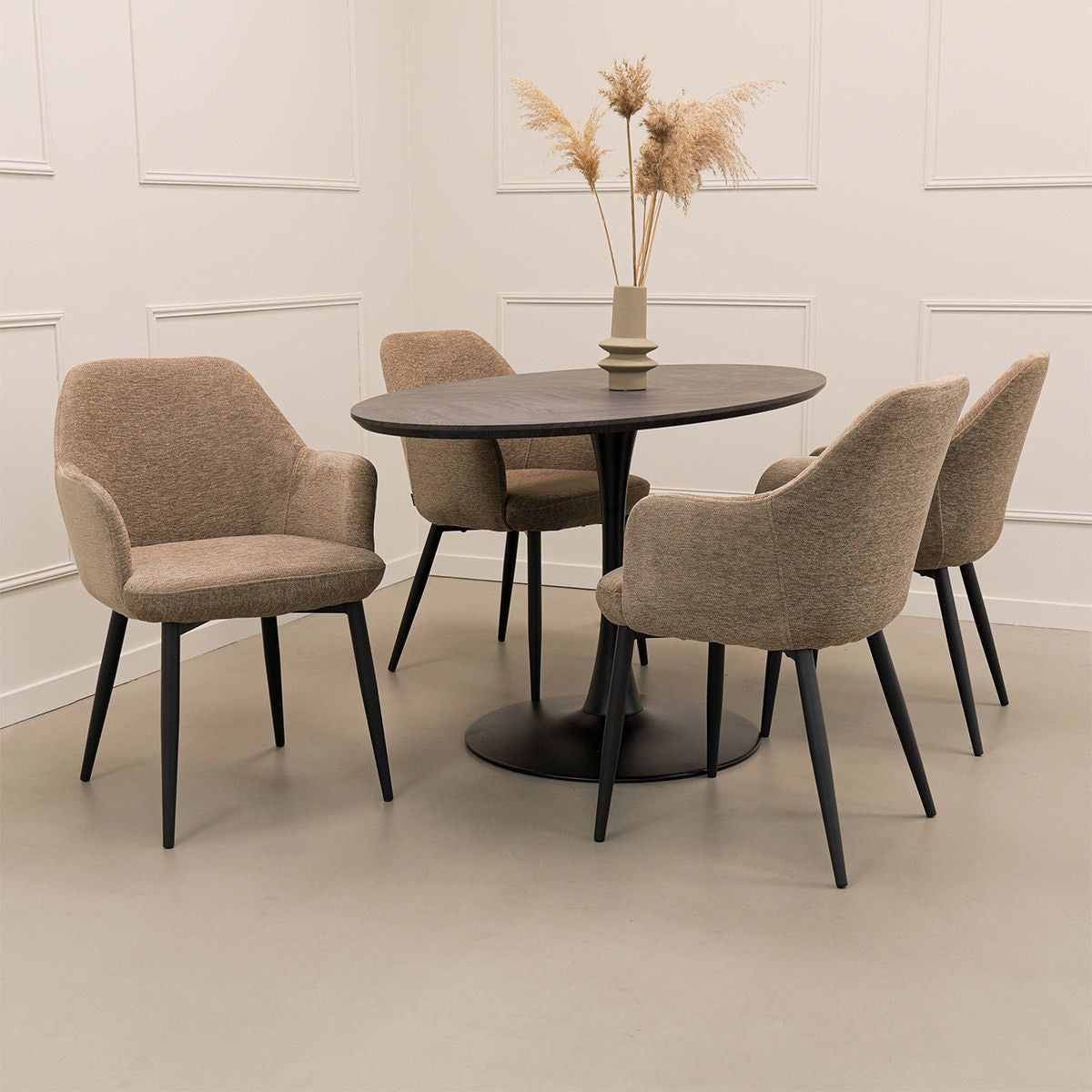 Esszimmerstuhl – Texture Stoff, Metallgestell Schwarz, Champagner Farbe - Jodi | Kick Collection