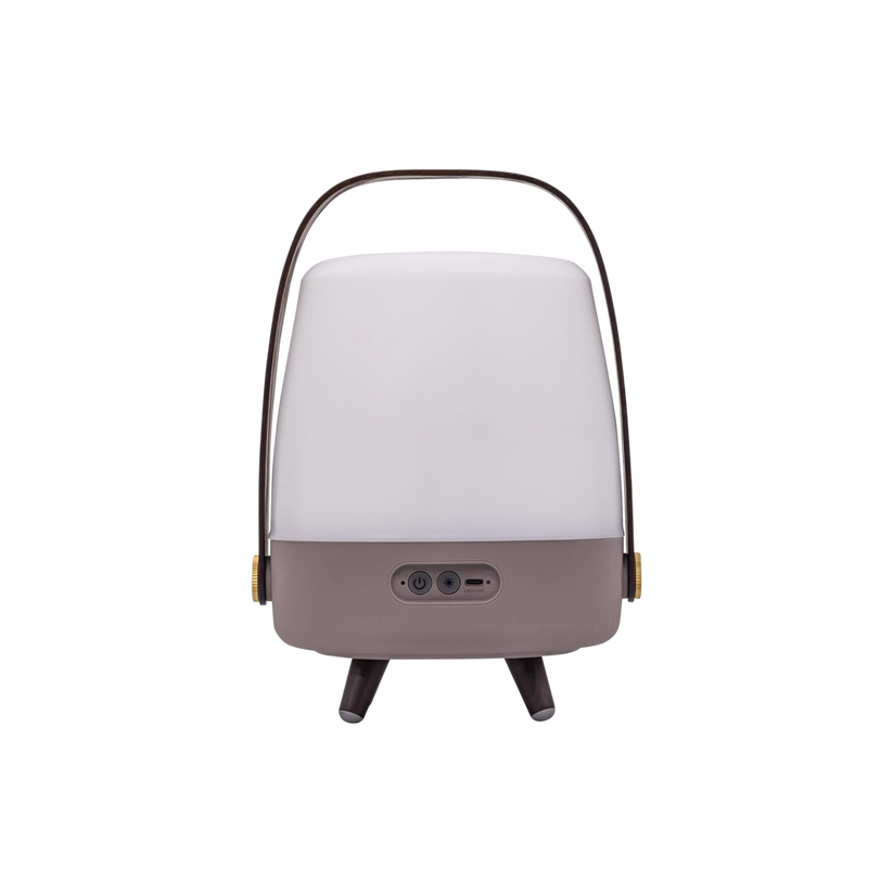 Speaker light with polyethylene housing, wooden handle, and brass accents – Lite-up PLAY Mini | Kooduu