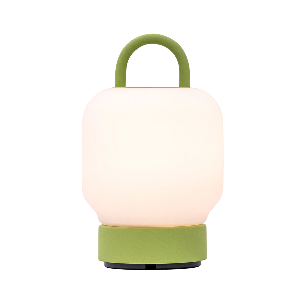 LED table lamp in Moss with dimmable diffuse lighting, portable handle, and rechargeable battery – Loome | Kooduu