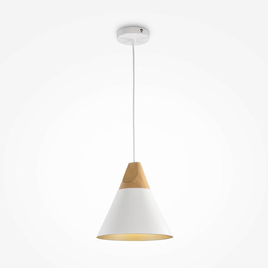 Pendant lamp with white metal shade and beech wood detail in modern design – Bicones | Maytoni