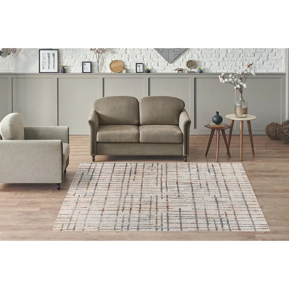 Teppich – Polyester Oberfläche, Geometrisches Raster Muster, Creme Farbe, 80 x 150 cm - Jaka 225 | Kayoom